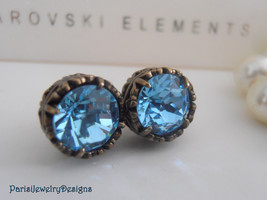 Aquamarine Swarovski Crystal Earrings / Blue Stud Earrings /Art Deco Pierced Pos - £23.17 GBP