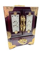 Vintage Chinese Jewelry Box Jade Inlay &amp; Brass Accents 5 Drawers Red Sil... - $4,369.13 MXN