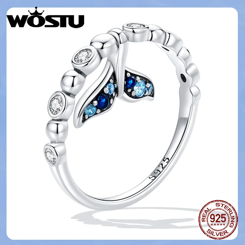 925 Sterling Silver Mermaid Tail Blue Clear CZ Finger Ring For Women s925 Tassel - $24.66