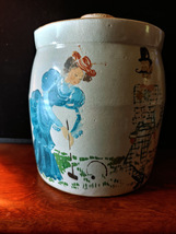Old Crock with lid Handpainted with a Victorian Couple Playing Croquet  - $35.00