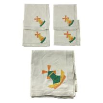 Vintage Linen Tablecloth + 4 Napkins Dutch Windmill 33&quot; x 33&quot; - £27.69 GBP