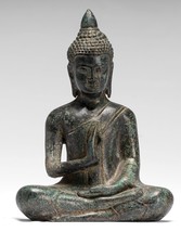 Antique Khmer Style Bronze Buddha Statue Dharmachakra Teaching Mudra - 18cm/7&quot; - $298.61