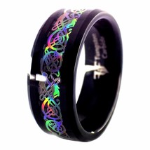 Black Tungsten Rainbow Hologram Style Celtic Dragon Ring Women Men Wedding Band - £31.85 GBP