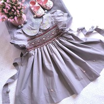 Gray Smocked Embroidered Baby Girl Dress. Toddler Girls Smocking Vintage Dress. - £31.33 GBP