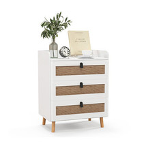 Modern End Table with 3 Rattan Decorated Drawers-White - Color: White - £104.38 GBP