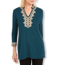 Charter Club Womens L Teal 3/4 Sleeve Lace Trim Split Neck Tunic Top NWT AG20 - $13.23