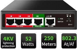5 Port AI PoE Switch 4 POE Ports 1 Uplink 802.3af at PoE 100Mbps 52W Bui... - £41.97 GBP