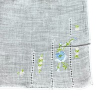 Vintage White Handkerchief Embroidered Vine Blue Roses White Baby Breath... - £14.69 GBP