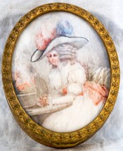 Antique Gilded Oval Trinket Box with Portrait Painting of Lovely Lady on the Lid - £206.55 GBP