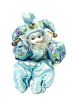 Harlequin Jester Clown Collectible Sitting Doll Blue Satin Porcelain Face Arms - £19.32 GBP