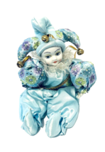 Harlequin Jester Clown Collectible Sitting Doll Blue Satin Porcelain Face Arms - £18.50 GBP