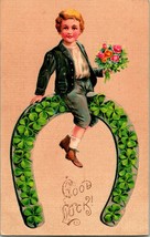 Vtg Postcard 1911 Good Luck Child Riding Horseshoe Four Leaf Clovers Embossed - $9.85