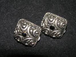 Estate Oxidized Silvertone Domed Square with Scrollwork &amp; Tiny Black Rhinestone - £6.14 GBP