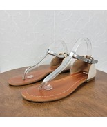 Lucky Brand Womens Sandals 8 Silver Beige Leather T-Strap Flat Thong Casual - £17.72 GBP