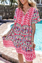 Pink Bohemian Print Tie Neck Ruffle Hem Short Dress - $14.78