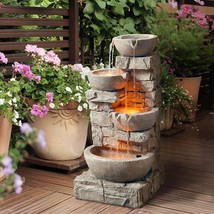 Water Fountain Outdoor 4-Tiered LED Lights Stacked Stone Waterfall Garde... - $352.45