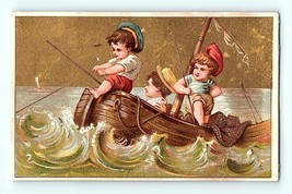 Victorian Trade Card 1880&#39;s Three Young Boys Fishing In A Boat In Rough ... - £13.98 GBP