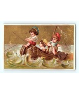 Victorian Trade Card 1880&#39;s Three Young Boys Fishing In A Boat In Rough ... - £14.08 GBP