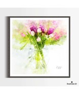 Premium Art Print Pink and Purple Tulips in a Vase in Watercolors, by Dr... - $43.95+