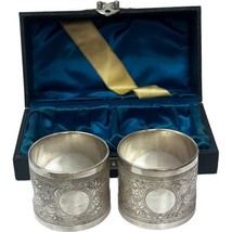 Pair Victorian Silverplate Napkin Rings Ornate In Presentation Box No Mono - £36.62 GBP