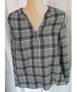 Falls Creek Black/White Plaid V-Neck Smocked Back Hi/Lo Top size S - $7.99