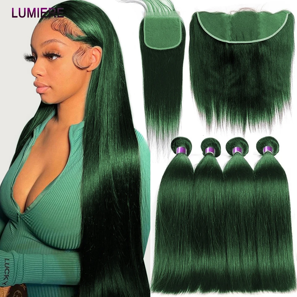 Darker Green Colored Human Hair Bundles with Closure Remy Hair Blue Bone - £119.12 GBP+