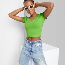 Women&#39;s Short Sleeve V-Neck Cropped T-Shirt - Wild Fable Green L - £6.96 GBP