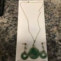 Vtg Art Deco 14k Yellow Gold Carved Natural Jadeite Pendant Necklace &amp; Earrings - £1,230.20 GBP