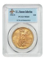 1922-S $20 PCGS MS65 ex: D.L. Hansen - $57,036.00