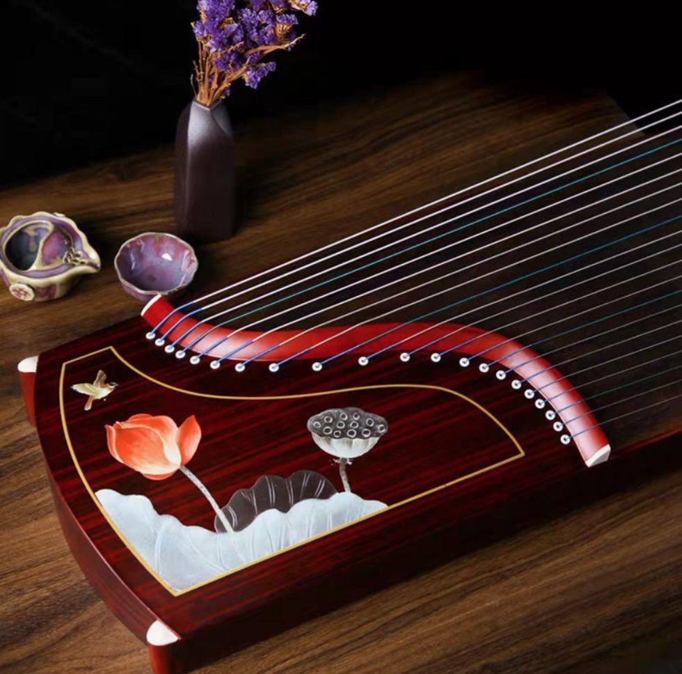 Guzheng red lotus flower 163cm 21 strings Chinese string instruments - $399.00