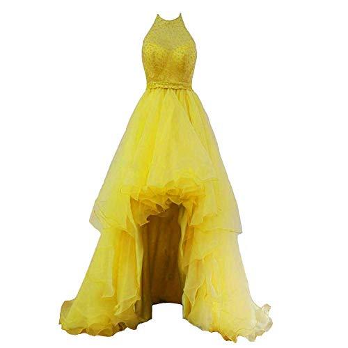 Sheer Beaded Halter High Low Organza Formal Gown Homecoming Prom Dress Yellow 8