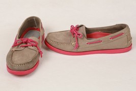 TESORI Mushroom Gray Nubuck Leather Pink Laces Boat Shoes Flats WOMEN&#39;S ... - £6.51 GBP