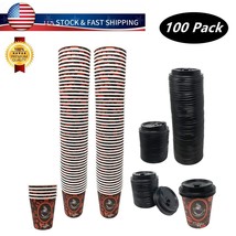 100 Pack Quality Disposable Paper Hot Coffee Tea Cups with Lids- 8oz  US... - £17.02 GBP