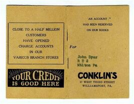 Conklin's Charge Account Booklet Williamsport Pennsylvania - $24.72