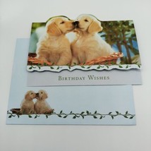 Happy Birthday Greeting Card Kissing Puppies Dogs In Basket Golden Retrievers  - £2.98 GBP