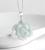 Real Natural Jade Beautiful Lotus Flower S925 Pendant Necklace, Authentic Burma  - £30.33 GBP