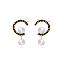 18k Yellow Gold Over Black CZ C Shape Shell Pearls Drop Stud Push Back Earrings - £37.71 GBP