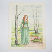 Acuarela Pintura Mujer Fairy en La Woods Verde Vestido - $84.19