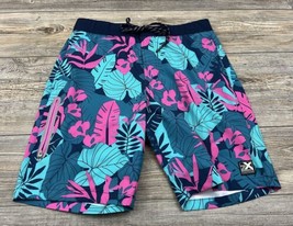 Zeroxposur Men&#39;s Swim Trunks Blue &amp; Pink Leaf Pattern Lined Size Small - £10.86 GBP