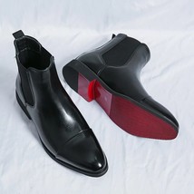 Chelsea Boots Men Handmade Business Black Red Slip on Flock Pu Cowboy Boots Sapa - £72.09 GBP