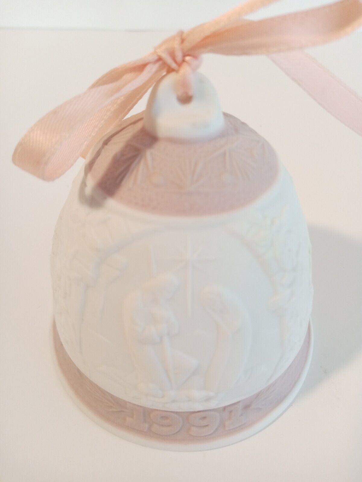 Primary image for 1991 Lladro Annual Christmas Bell Pink Porcelain Ornament Vintage Retired White