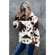 Cow Print Jacket Western Wear   Faux Fur Coat Brown Zip Pockets Short Winter Coa - £37.40 GBP