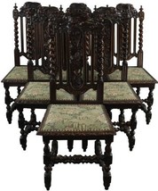 Antique Dining Chairs Hunting Renaissance Green Tapestry Fabric Set 6 Oak - £3,158.42 GBP