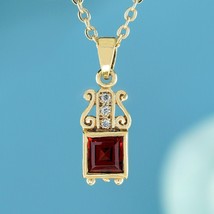 Natural Square Garnet and Diamond Vintage Style Pendant in Solid 9K Yellow Gold - £279.77 GBP