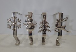 Christmas Stocking Hanger Holder Set 4 Silver Metal Front Design - £16.47 GBP