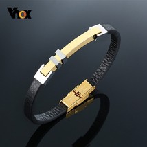 Vnox casual thin 4mm leather bracelets for men women stainless steel bar unisex bangle thumb200