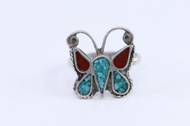 Navajo Vintage Butterfly Sterling Turquoise Coral Ring Size 5 - £36.62 GBP