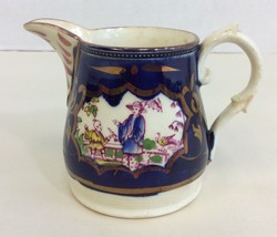 Antique Creamer Hand Painted Blue Gold Oriental Scenes 3in Tall - £11.14 GBP