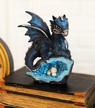 Adorable Silver Blue Baby Dragon On Crystal Fossil Geode Rock With Eggs Figurine - £14.94 GBP