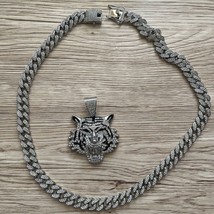 24&quot; Silver Cuban Link Chain w 2&quot; Tiger Pendant Miami Ice Out Faux Diamond NEW - £34.00 GBP